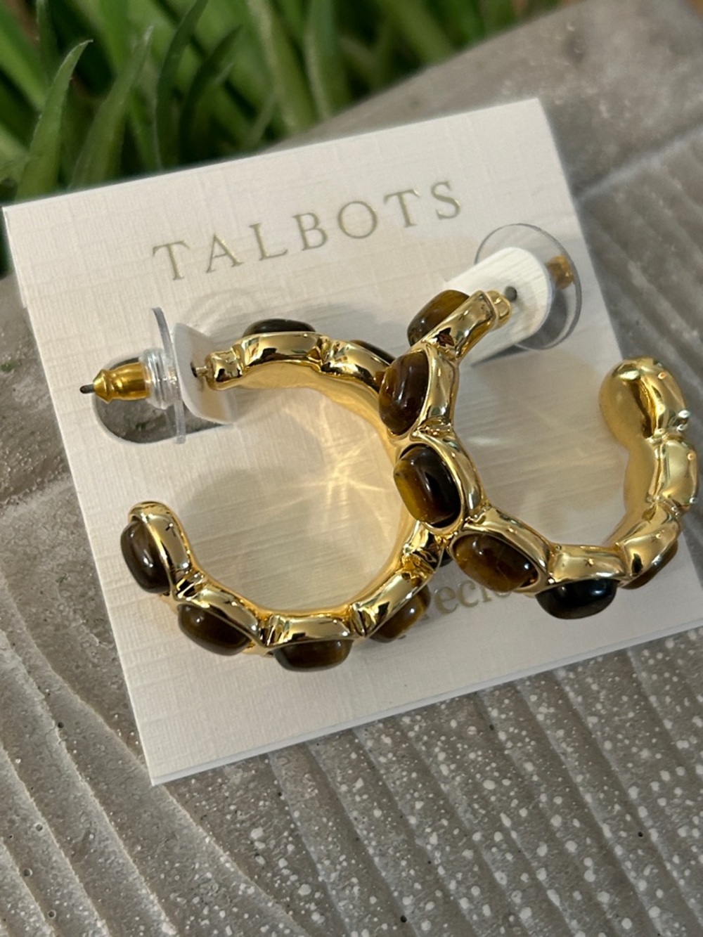 Talbots Gold Hoop Earrings with Brown Tiger Stone Accents NEW post backs